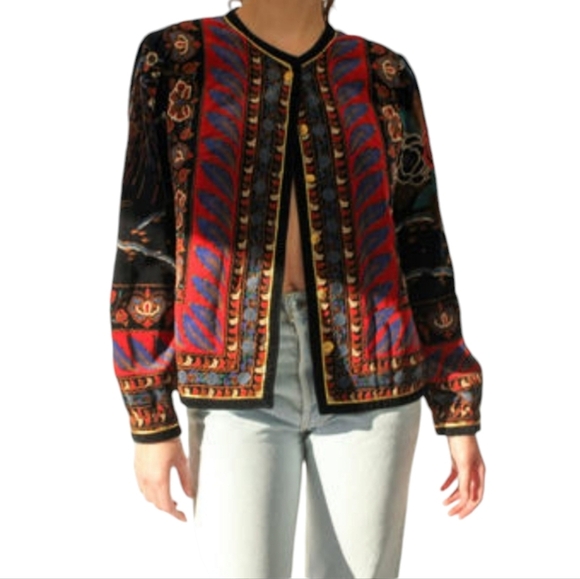 Vintage 80s Saxton Hall rose botanical peacock print Velvet Jacket - Picture 13 of 13